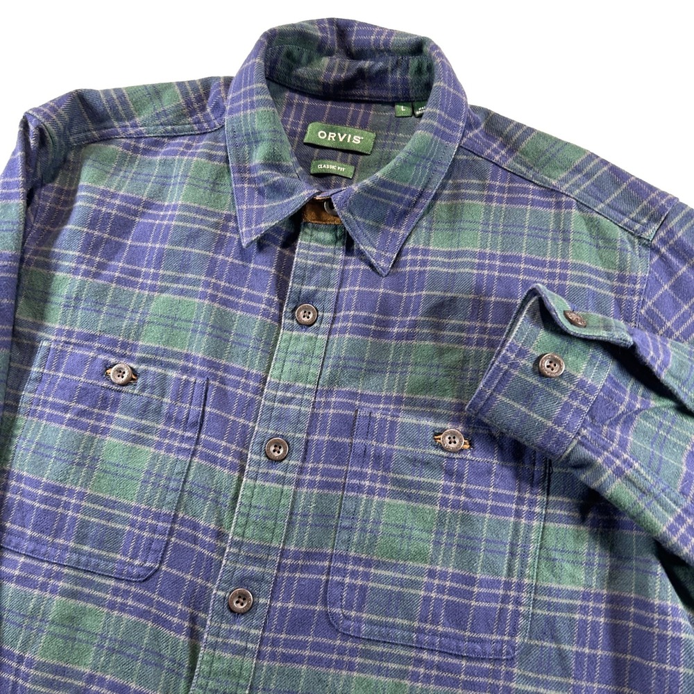 Orvis Flannel Shirt Large Blue Green Plaid Classic Fit Button Down Suede Trim